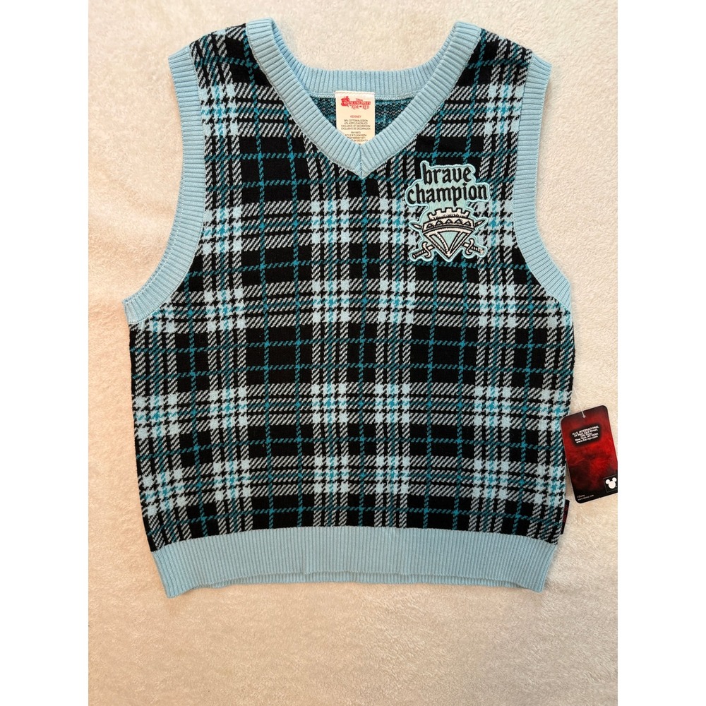 Disney Descendants Rise of Red Plaid Knit Sweater Vest Blue Kids XL 14/16 NEW